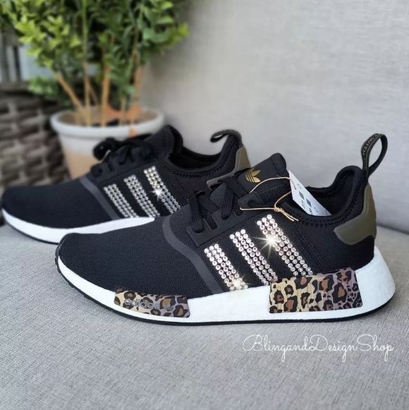 Women's Bling Adidas NMD R1 Leopard Print Black Shoes made with Crystals - Picture 2 of 8